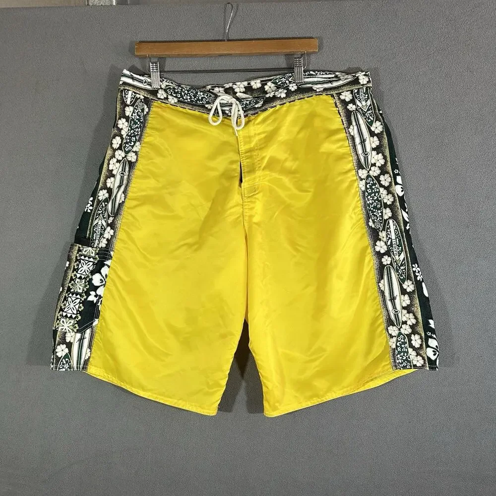 Vintage Hawaiian Board Shorts Surf Trunks Yellow Floral Made in Hawaii Size 42